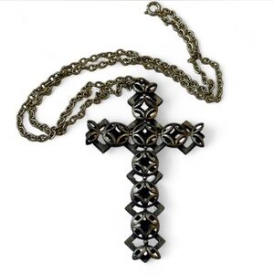 Vintage Oversized Gothic Silver tone Cross Necklace Rosary Handmade
